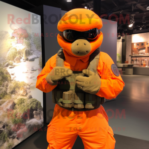 Orange Marine Recon mascot costume character dressed with a Vest and Gloves