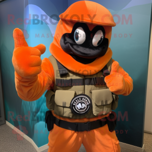 Orange Marine Recon mascot costume character dressed with a Vest and Gloves