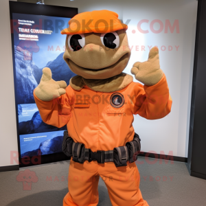 Orange Marine Recon mascot costume character dressed with a Vest and Gloves