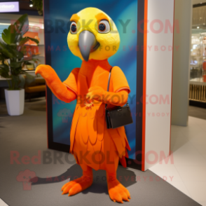 Orange Parrot mascot costume character dressed with a A-Line Dress and Clutch bags