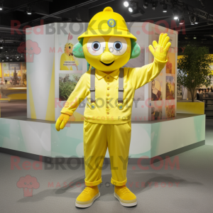 Lemon Yellow Trapeze Artist mascot costume character dressed with a Button-Up Shirt and Beanies