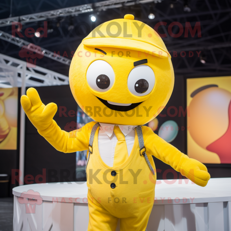 Lemon Yellow Trapeze Artist mascot costume character dressed with a Button-Up Shirt and Beanies