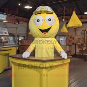 Lemon Yellow Trapeze Artist mascot costume character dressed with a Button-Up Shirt and Beanies