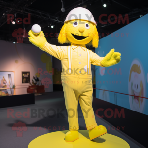 Lemon Yellow Trapeze Artist mascot costume character dressed with a Button-Up Shirt and Beanies