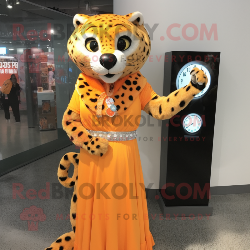 Orange Cheetah mascot costume character dressed with a Empire Waist Dress and Watches