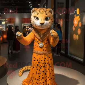 Orange Cheetah mascot costume character dressed with a Empire Waist Dress and Watches