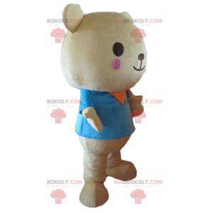 Big beige Teddybär Maskottchen mit einem blauen T-Shirt -