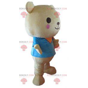 Big beige teddy bear mascot with a blue t-shirt - Redbrokoly.com