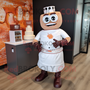 Rust Wedding Cake mascot costume character dressed with a Graphic Tee and Watches