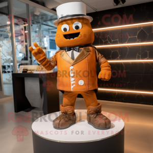 Rust Wedding Cake mascot costume character dressed with a Graphic Tee and Watches