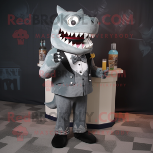 Gray Megalodon mascot costume character dressed with a Cocktail Dress and Coin purses