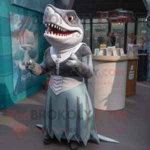 Gray Megalodon mascot costume character dressed with a Cocktail Dress and Coin purses