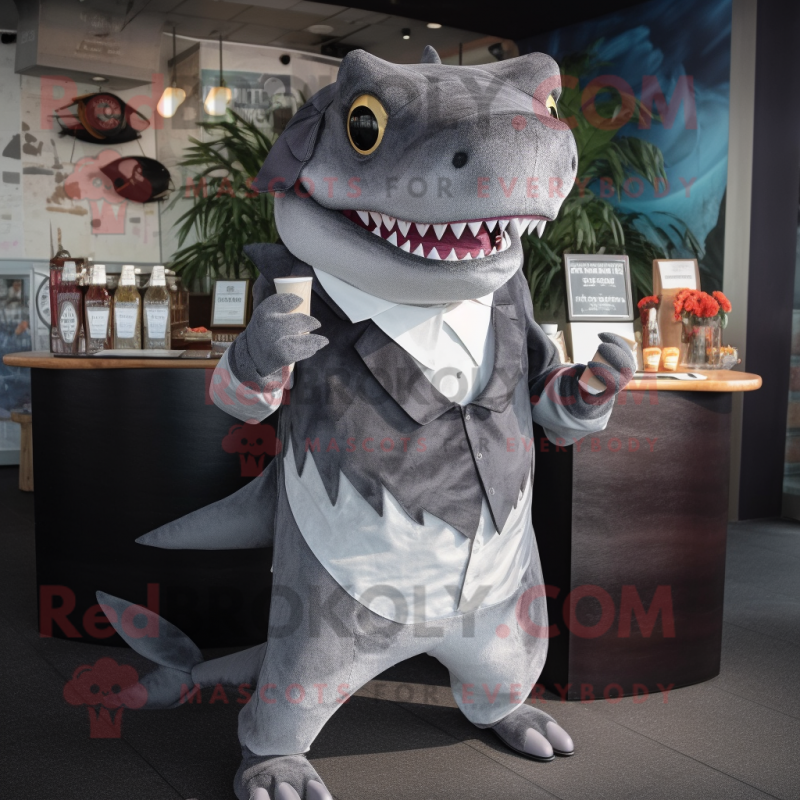 Gray Megalodon mascot costume character dressed with a Cocktail Dress and Coin purses