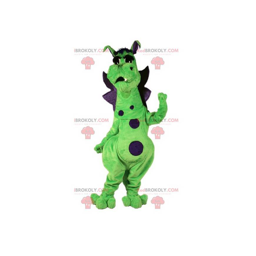 Mascotte de dragon vert et violet mignon et coloré -