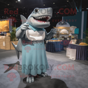 Gray Megalodon mascot costume character dressed with a Cocktail Dress and Coin purses