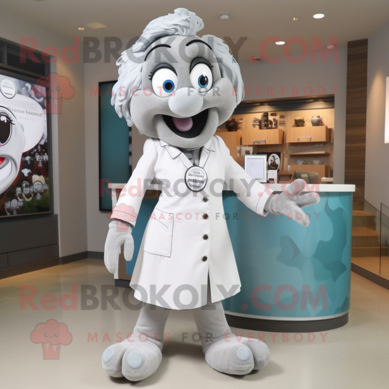 Gray Doctor mascot costume character dressed with a A-Line Dress and Earrings Gray Doctor mascot costume character dressed with a A-Line Dress and Earrings