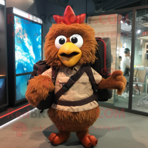 Brown Fried Chicken mascot costume character dressed with a Shorts and Backpacks