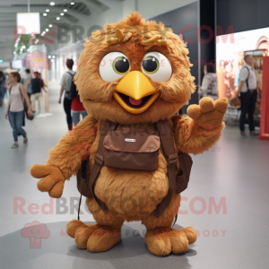 Brown Fried Chicken mascot costume character dressed with a Shorts and Backpacks