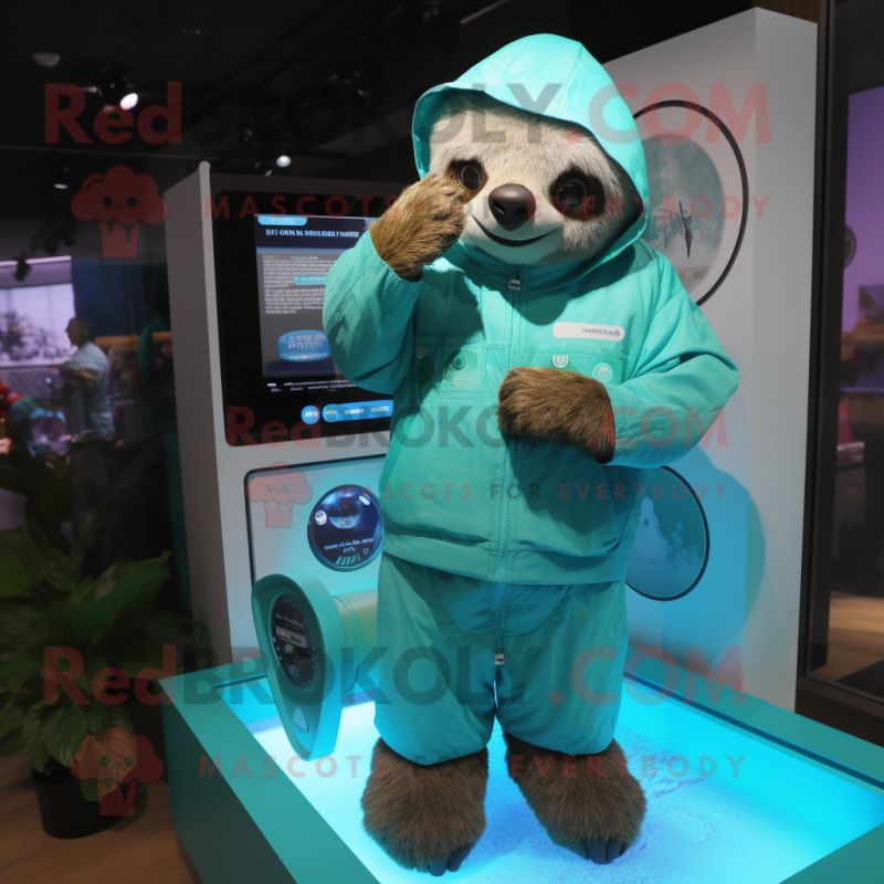 Turquoise Sloth mascot costume character dressed with a Raincoat and Watches Turquoise Sloth mascot costume character dressed with a Raincoat and Watches