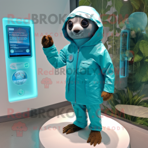 Turquoise Sloth mascot costume character dressed with a Raincoat and Watches