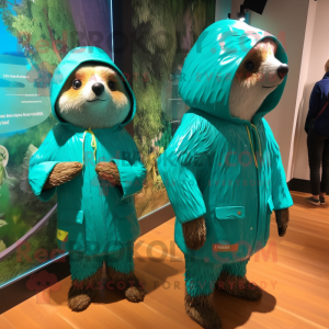 Turquoise Sloth mascot costume character dressed with a Raincoat and Watches
