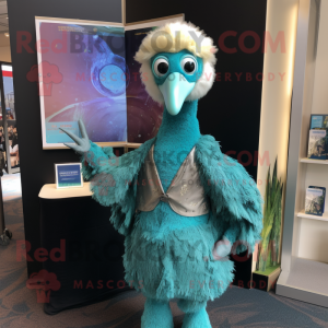 Turquoise Ostrich mascot costume character dressed with a Wrap Dress and Suspenders