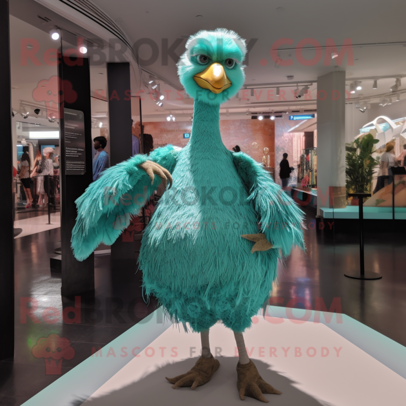 Turquoise Ostrich mascot costume character dressed with a Wrap Dress and Suspenders