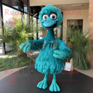 Turquoise Ostrich mascot costume character dressed with a Wrap Dress and Suspenders