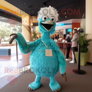 Turquoise Ostrich mascot costume character dressed with a Wrap Dress and Suspenders