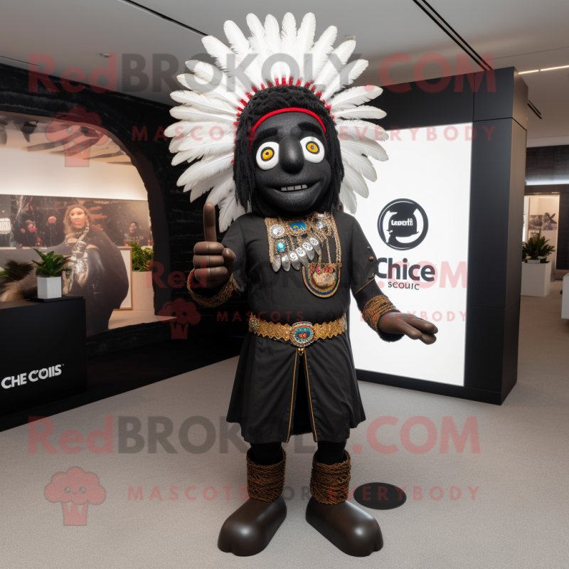 Black Chief mascot costume character dressed with a Leggings and Lapel pins Black Chief mascot costume character dressed with a Leggings and Lapel pins
