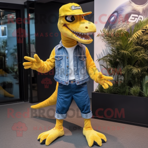 Yellow Velociraptor mascot costume character dressed with a Bootcut Jeans and Hats