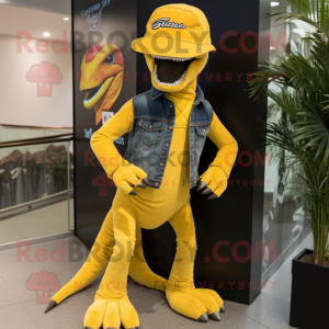 Yellow Velociraptor mascot costume character dressed with a Bootcut Jeans and Hats