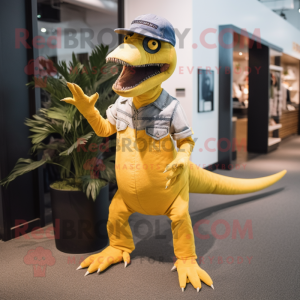 Yellow Velociraptor mascot costume character dressed with a Bootcut Jeans and Hats
