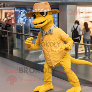 Yellow Velociraptor mascot costume character dressed with a Bootcut Jeans and Hats