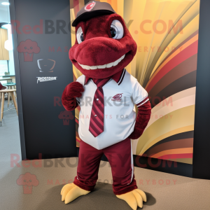 Maroon Lizard mascot costume character dressed with a Rugby Shirt and Pocket squares