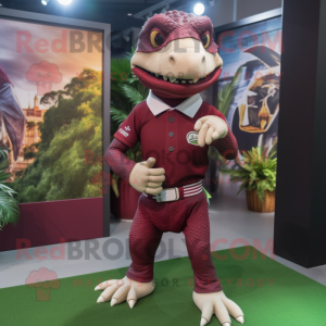 Maroon Lizard mascot costume character dressed with a Rugby Shirt and Pocket squares