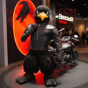 Black Dove mascot costume character dressed with a Moto Jacket and Foot pads