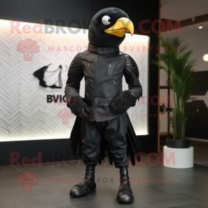 Black Dove mascot costume character dressed with a Moto Jacket and Foot pads