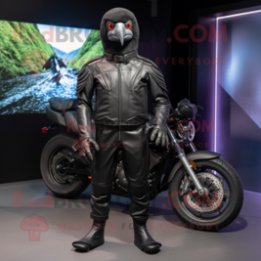Black Dove mascot costume character dressed with a Moto Jacket and Foot pads