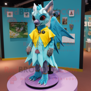 Turquoise Fruit Bat mascot costume character dressed with a Mini Skirt and Lapel pins