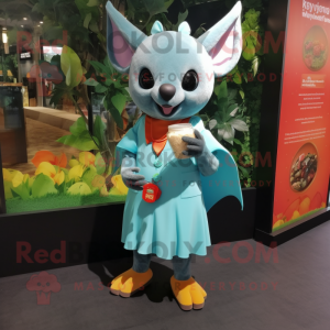Turquoise Fruit Bat mascot costume character dressed with a Mini Skirt and Lapel pins
