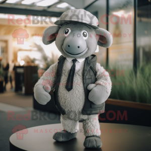 Gray Sheep mascot costume character dressed with a Suit Jacket and Berets