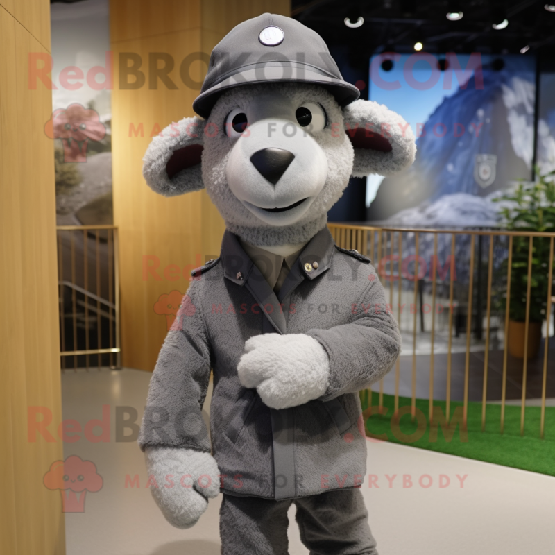 Gray Sheep mascot costume character dressed with a Suit Jacket and Berets