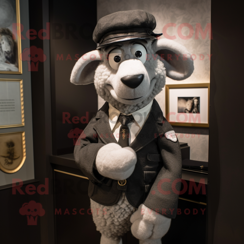 Gray Sheep mascot costume character dressed with a Suit Jacket and Berets