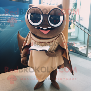 Brown Manta Ray mascot costume character dressed with a Pencil Skirt and Eyeglasses