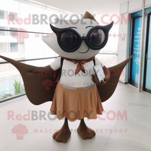 Brown Manta Ray mascot costume character dressed with a Pencil Skirt and Eyeglasses