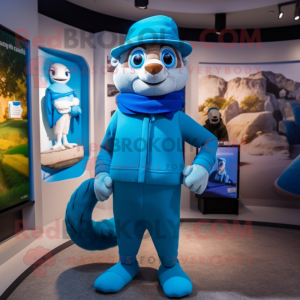 Blue Weasel mascot costume character dressed with a Turtleneck and Hats