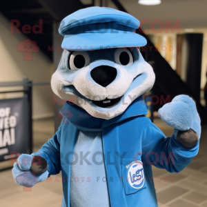 Blue Weasel mascot costume character dressed with a Turtleneck and Hats