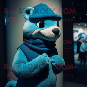 Blue Weasel mascot costume character dressed with a Turtleneck and Hats