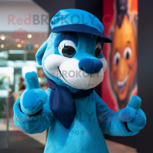 Blue Weasel mascot costume character dressed with a Turtleneck and Hats